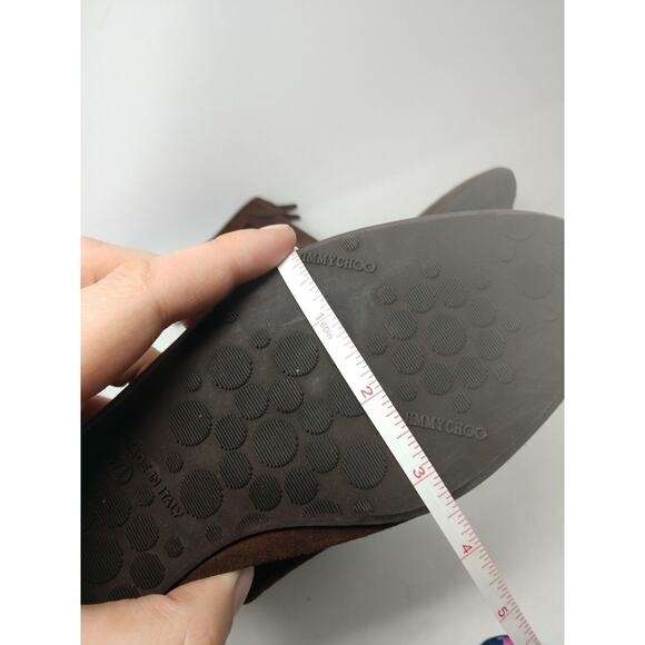 Jimmy Choo Brown Suede Fringed Gold Logo Moccasin Boots EU 37.5 Mid Calf Boho 7M - Picture 8 of 9